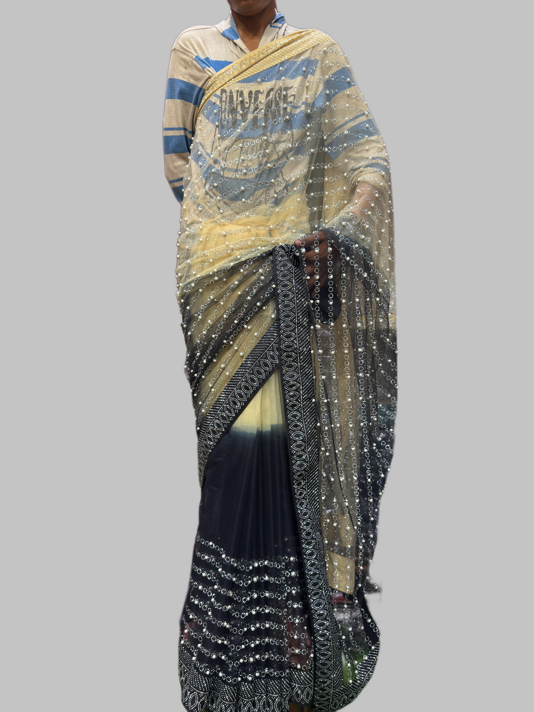 Net Double Shade Rhinestone & Pearl Saree