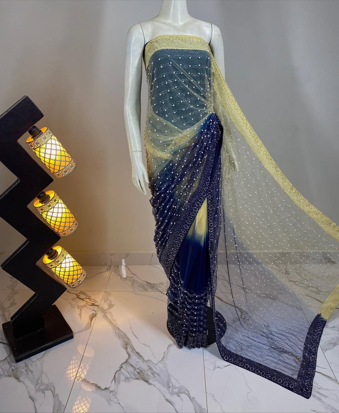 Net Double Shade Rhinestone & Pearl Saree